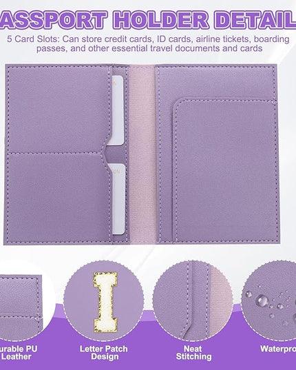 PATIKIL Passport Holder for Travel, Initial Passport Cover and Luggage Tag Set with Alphabet Chenille Letter Patch Travel Wallet Bag Suitcase Identifier for Women Family Travel Purple I