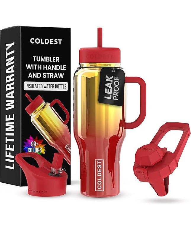 Coldest Tumbler with Handle and Straw - 100% Spill Proof Tumbler with Straw (3 Lids) - Stainless Steel Insulated Leakproof Tumblers for Women & Men - Cup Holder Friendly - 36 oz (Phoenix Nova)