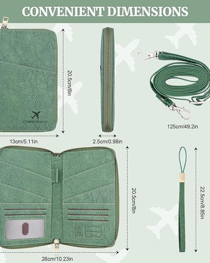 Family Passport Holder Wallet with Zipper, RFID Blocking Travel Document Organizer for Women Men, Travel Essentials Gift, Can be Worn Crossbody (Green)