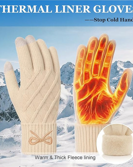 Liitrsh Women Winter Gloves with Embroidery Bow Touchscreen Warm Elastic Knit Lining Gloves for Cold Weather Gift