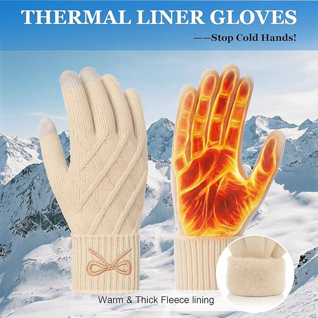 Liitrsh Women Winter Gloves with Embroidery Bow Touchscreen Warm Elastic Knit Lining Gloves for Cold Weather Gift