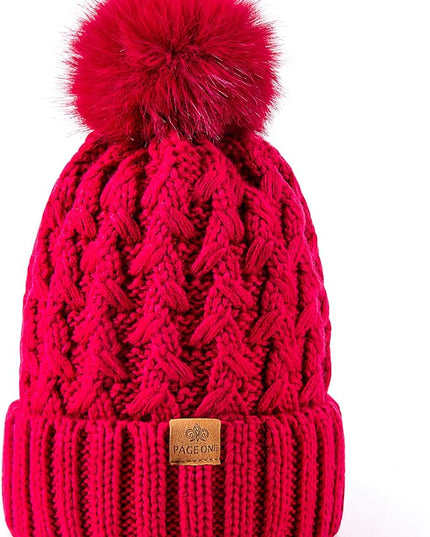 PAGE ONE Womens Winter Ribbed Beanie Crossed Cap Chunky Cable Knit Pompom Soft Warm Hat