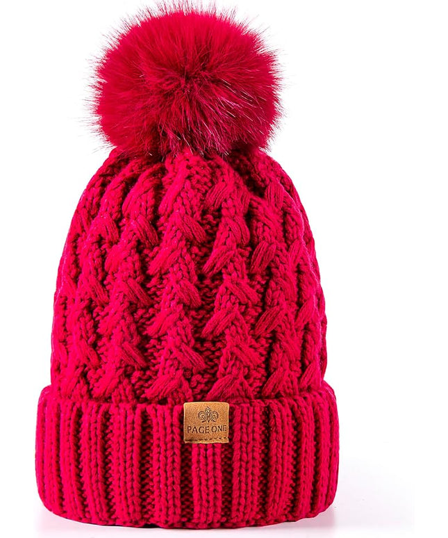 PAGE ONE Womens Winter Ribbed Beanie Crossed Cap Chunky Cable Knit Pompom Soft Warm Hat