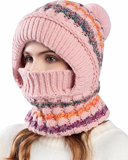 HUAMULAN Women Winter Beanie Hats One Piece Fleece Lined Knit Balaclavas Mask Set Skull Neck Circle Scarf Ski Snow Hat Pompom