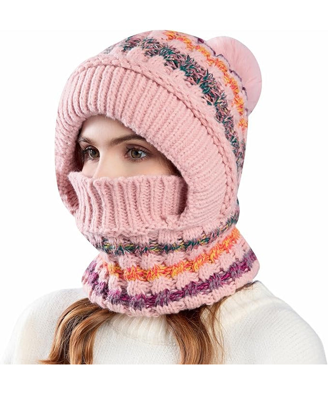 HUAMULAN Women Winter Beanie Hats One Piece Fleece Lined Knit Balaclavas Mask Set Skull Neck Circle Scarf Ski Snow Hat Pompom