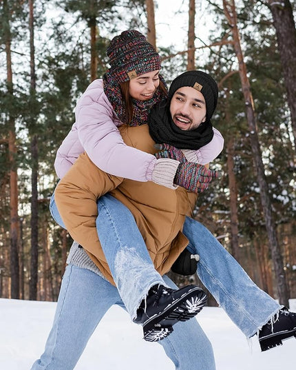 Winter Beanie Hat Scarf Gloves, Warm Fleece Knit Hats Touch Screen Gloves Neck Scarf Set Winter Gifts for Unisex Adult
