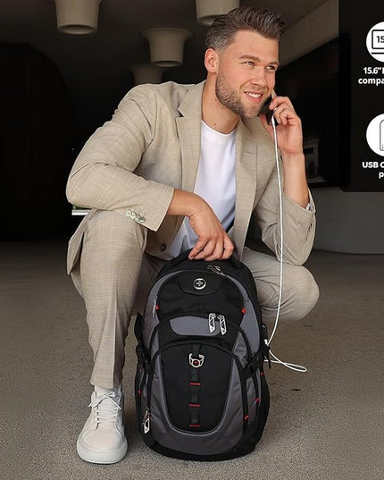 Swissdigital Design Laptop Backpack with USB Charging Port, Travel Backpack Fits 15.6 inches Computer, 31L College School Backpack for Men, Black/Grey | SD803-02