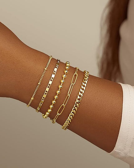 Gold Bracelets Set for Women Stack, Dainty Thick Bracelets Stack for Women Trendy, Simple Thin Gold Plated Cuff Stackable Bracelets With Beaded Cuban Paperclip Snake Rope Bangle Hand Chain Jewelry Gifts for Women Non Tainish