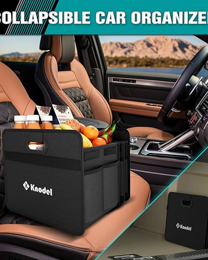 K KNODEL Car Trunk Organizer, Foldable Organizer for Car, Automotive Consoles & Organizers, 3 Compartments Storage with Reinforced Handles (Large, Black)
