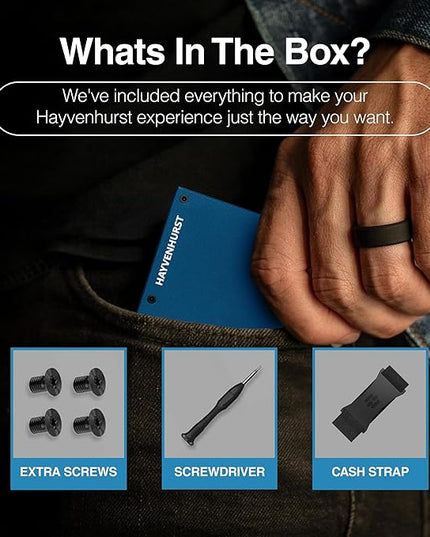 Hayvenhurst Wallet For Men - Reinvented Design Men's Wallet - Slim, Minimalistic & Seamless, Blocks RFID Scanners with a Cash Strap (Navy)