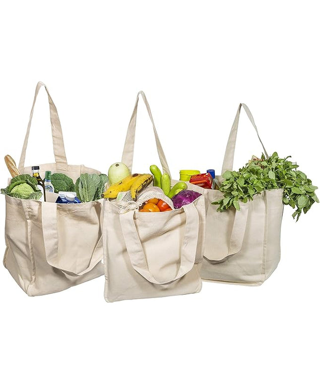 Best Canvas Grocery Shopping Bags with Handles and Bottle Sleeves - Organic Cotton, Washable and Eco-friendly Cloth Grocery Totes - Reusable Shopping Grocery Bags (3 Bags)