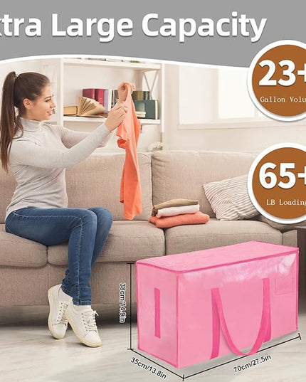 12 Pack-Extra Large Heavy Duty Moving Bags - Waterproof Storage Totes with Handles & Zippers, Foldable for College Dorm, Storage (Pink)