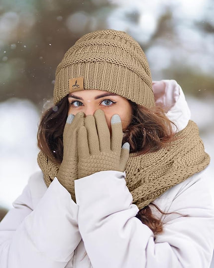 Winter Beanie Hat Scarf Gloves, Warm Fleece Knit Hats Touch Screen Gloves Neck Scarf Set Winter Gifts for Unisex Adult