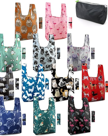 BeeGreen Reusable Grocery Bags Foldable 12 Pack Large Cute Totes - Heavy Duty Washable Holiday Cloth Gifts Bag with Handles, Reusable Gift Bulk Shopping Bags for Groceries for Women Animal Lover