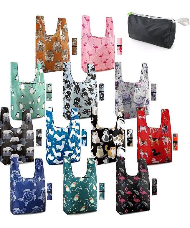 BeeGreen Reusable Grocery Bags Foldable 12 Pack Large Cute Totes - Heavy Duty Washable Holiday Cloth Gifts Bag with Handles, Reusable Gift Bulk Shopping Bags for Groceries for Women Animal Lover