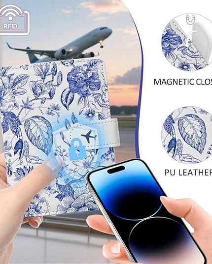 COSHAYSOO Personalized RFID Passport Holder for Travel Women Passports Cover Case Air Essentials Airplane Flight Accessories Airline Plane Flying Must Haves Christmas Gifts for Woman Travelers Blue