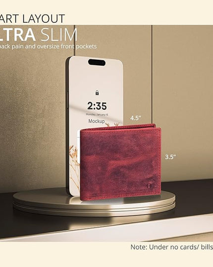 Oak Leathers Slim Leather Wallet for Men - RFID Blocking Slim Minimalist Front Pocket - Thin & Stylish with ID Window, Gift For Men (Vintage Plum)