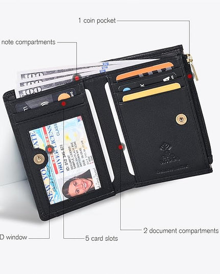 Oak Leathers Leather Wallet For Women - Small RFID Coin Purse Credit Card & ID Holder for Ladies, Gift for Women's, Bifold Wallets (Nappa Black)