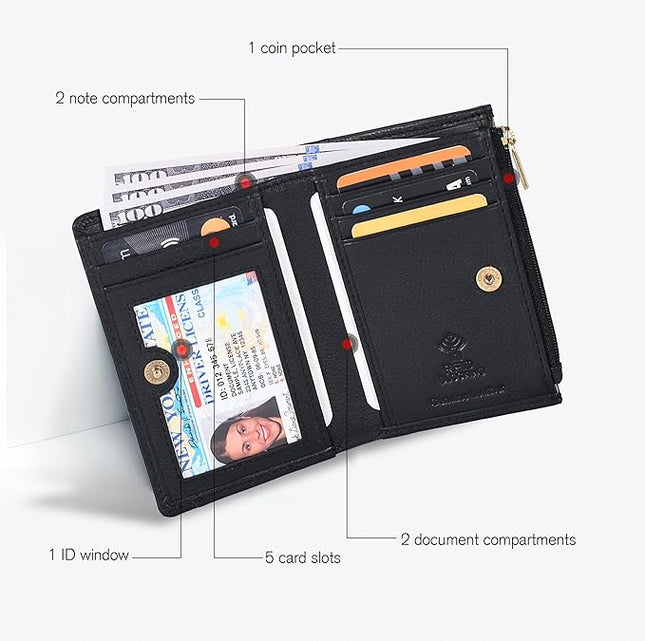 Oak Leathers Leather Wallet For Women - Small RFID Coin Purse Credit Card & ID Holder for Ladies, Gift for Women's, Bifold Wallets (Nappa Black)