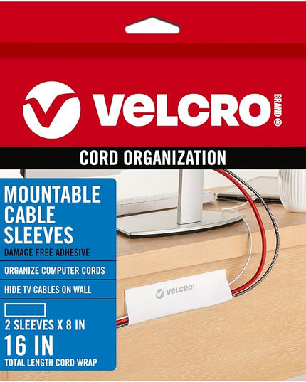 VELCRO Brand Cable Sleeves. Organize Messy Wires on Desk, Behind TV or Game Console. 16-Inch (2x8in) White. Removable Adhesive Mounts to Smooth Surfaces