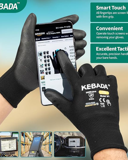 Kebada W1 Safety Work Gloves, PU Coated Touch Screen Work Gloves with Grip, Bulk Pack Working Gloves for Warehouse, Construction, Gardening and Mechanic Use, Black, 50 Pairs, Small