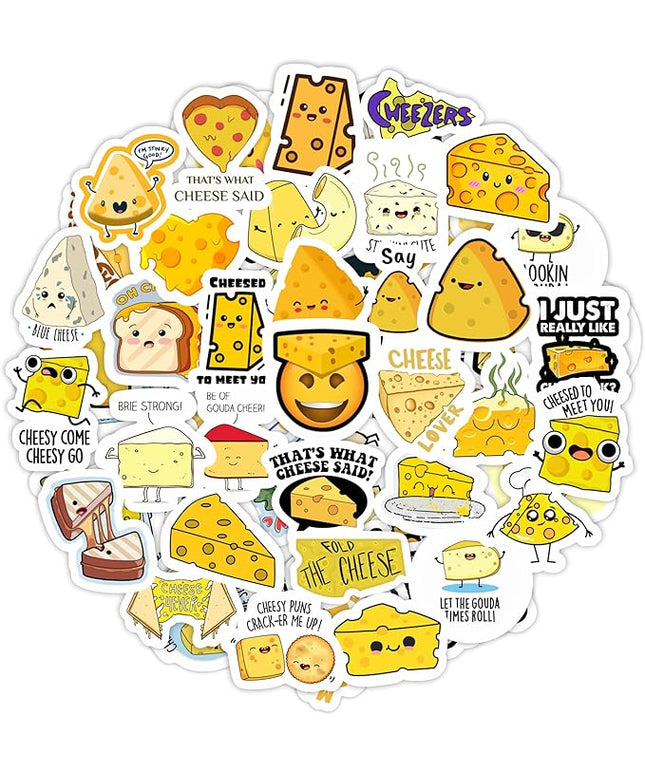 BulbaCraft Funny Cheese Stickers for Water Bottle and Laptop - Cheese Party Supplies & Decorations, Waterproof Vinyl Decals, Food Stickers, Gifts for Women & Men