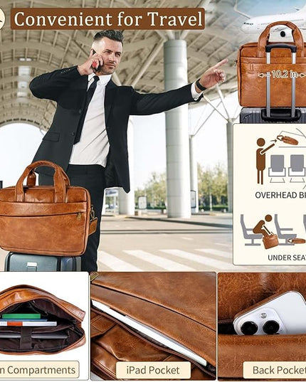 Faux Leather Messenger Bag for Men 15.6 Inch: Laptop Bag Briefcase Computer Handbags Shoulder Crossbody Bag with Padded Laptop Sleeve for Work College Travel, PU Brown