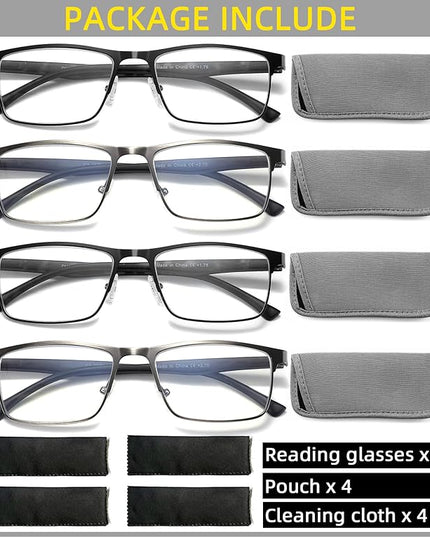 4-Pack Mens Reading Glasses Blue Light Blocking,Spring Hinge Stylish Metal Full Frame Readers for Men Anti Glare Filter Eyeglasses +1.0
