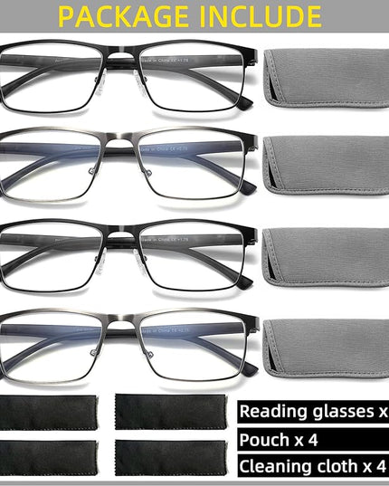 4-Pack Mens Reading Glasses Blue Light Blocking,Spring Hinge Stylish Metal Full Frame Readers for Men Anti Glare Filter Eyeglasses +1.25
