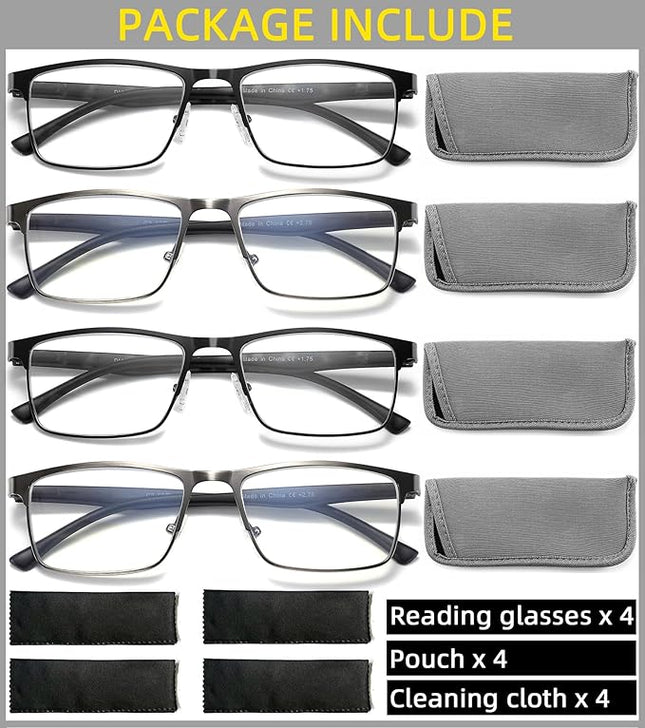 4-Pack Mens Reading Glasses Blue Light Blocking,Spring Hinge Stylish Metal Full Frame Readers for Men Anti Glare Filter Eyeglasses +3.0