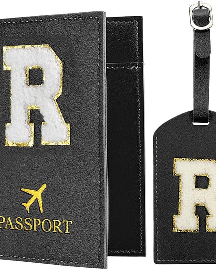 PATIKIL Passport Holder for Travel, Initial Passport Cover and Luggage Tag Set with Alphabet Chenille Letter Patch Travel Wallet Bag Suitcase Identifier for Women Family Travel Black R