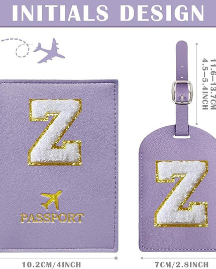 COSHAYSOO Purple Passport Cover and Initial Luggage Tag Set TSA Approved with Preppy Chenille Letter Patch for Women Girl Teens, 2023 Trendy Travel Bag Backpack Suitcase Identifier Essential Gifts (Z)