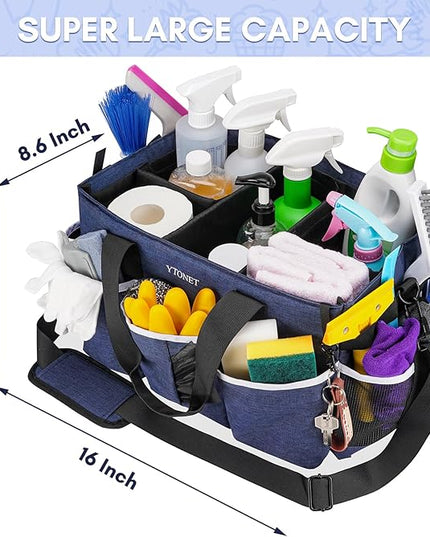 Ytonet Extra Large Cleaning Caddy Bag with 4 Foldable Dividers, Wearable Cleaning Caddy Organizer with Handle & Shoulder Strap & Waist Strap, Housekeeping Tote for Cleaners, Blue
