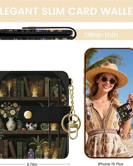 Sodsay Small Slim Wallet Women RFID Blocking, PU Leather Bifold Ladies Wallet with Zipper Coin Pocket, Thin Cute Travel Card Wallets for Girls, Black Gothic Relic