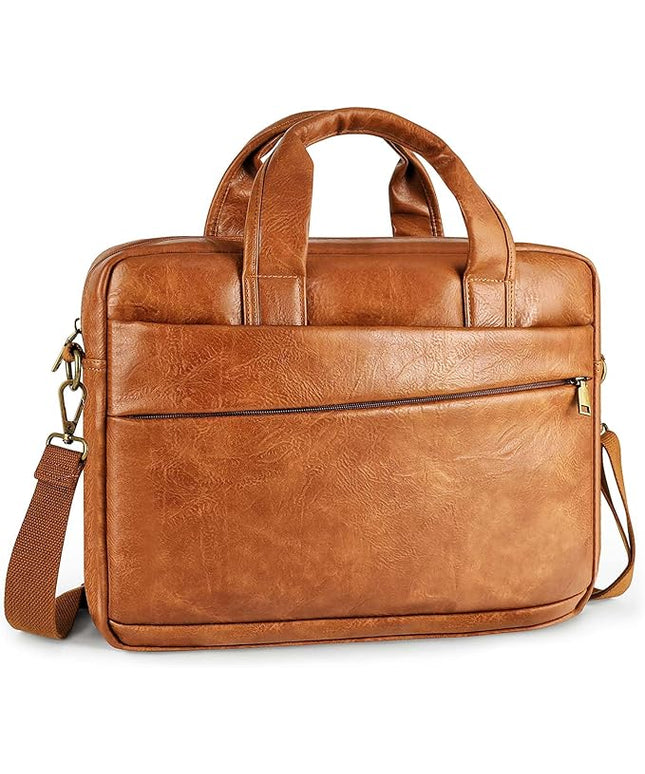 Faux Leather Messenger Bag for Men 15.6 Inch: Laptop Bag Briefcase Computer Handbags Shoulder Crossbody Bag with Padded Laptop Sleeve for Work College Travel, PU Brown