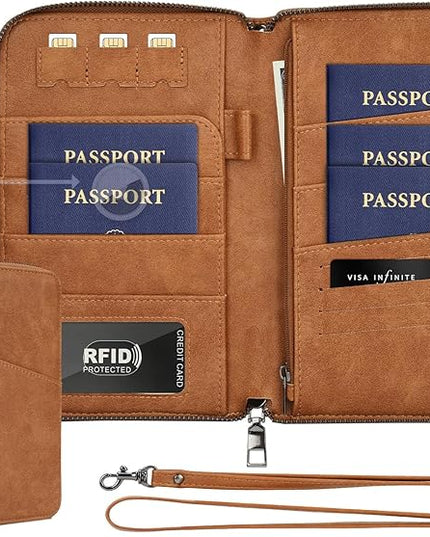 Family Passport Holder Wallet RFID Travel Document Organizer for Women Men, Portable Case Cover for Cards, Boarding Pass with Wrist/Neck Strap, Airtag Pocket, Travel Essentials Gifts -Light Brown, 1pc