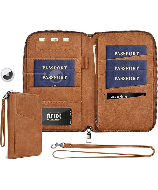 Family Passport Holder Wallet RFID Travel Document Organizer for Women Men, Portable Case Cover for Cards, Boarding Pass with Wrist/Neck Strap, Airtag Pocket, Travel Essentials Gifts -Light Brown, 1pc