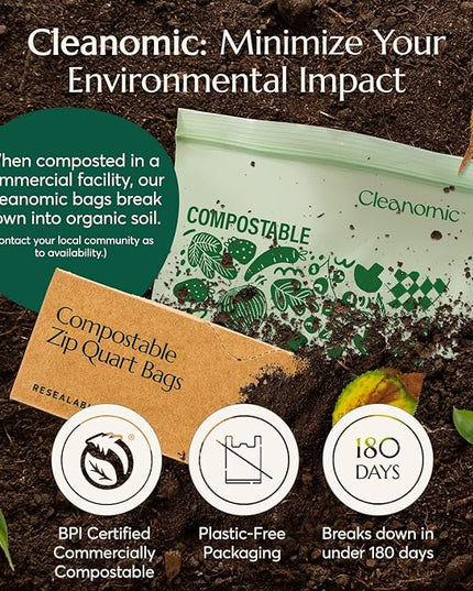 Cleanomic Compostable* Quart Size Food Storage Bags (25 Eco Zip) Freezer and Leak Proof, Also Available Gallon, Snack and Sandwich Size Bags