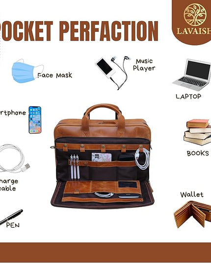 Handmade Full-Grain Leather Briefcase for Men & Women–17" Laptop Bag with Computer Compartment Office Satchel Bag