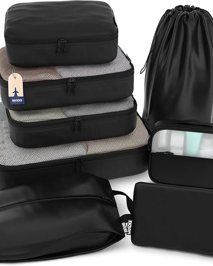 Shacke Premium 8 Packing Cubes Set - Lightweight Mesh Travel Luggage Organizers with Laundry Bag, 8-Piece Suitcase Storage System (Air Black)