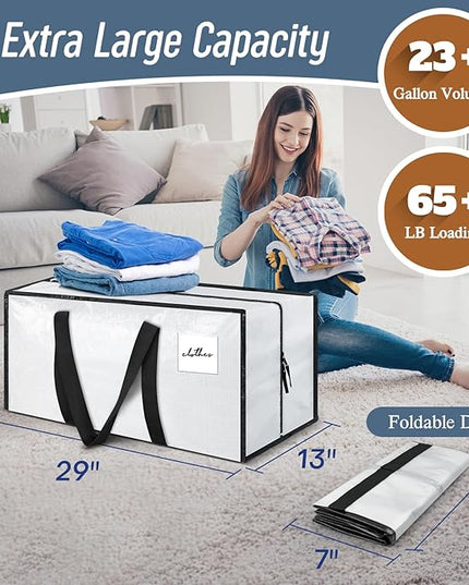 6 Pack Extra Heavy Duty Large Moving Bags with Strong Zipper & Comfortable Handles, Sturdy & Durable Clothes Storage Bags Totes Bins, Packing Moving Boxes for College Supplies, White
