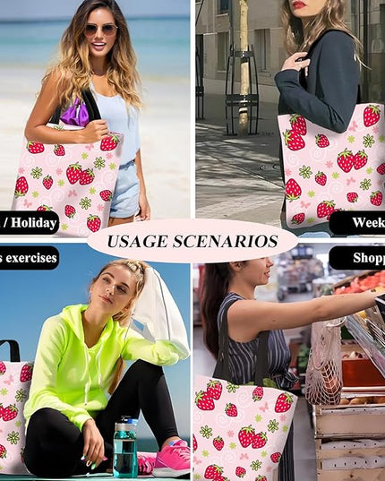 Canvas Tote Bag for Women，Cute Heavy-Duty Shoulder Bag with Zipper Pocket -Travel Tote for Grocery, Gym,Shopping