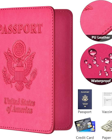 Passport and Vaccine Card Holder Combo, with Slot, Wallet, Cover, Case, for Women Men(AD-Rose Red)