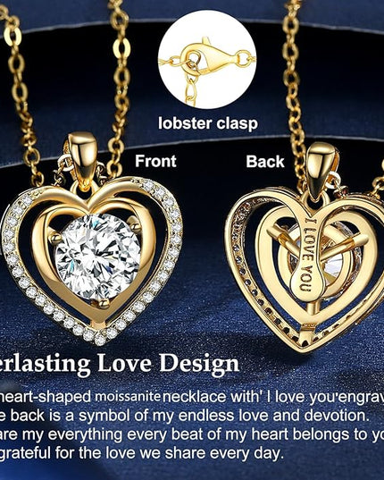 Heart Pendant Gold Necklace for Women Moissanite Lab-Created Gem I Love You Wedding Anniversary Birthday Christmas Valentine Engagements Mothers Day Jewelry for Wife Her Girlfriend Mom Daughter