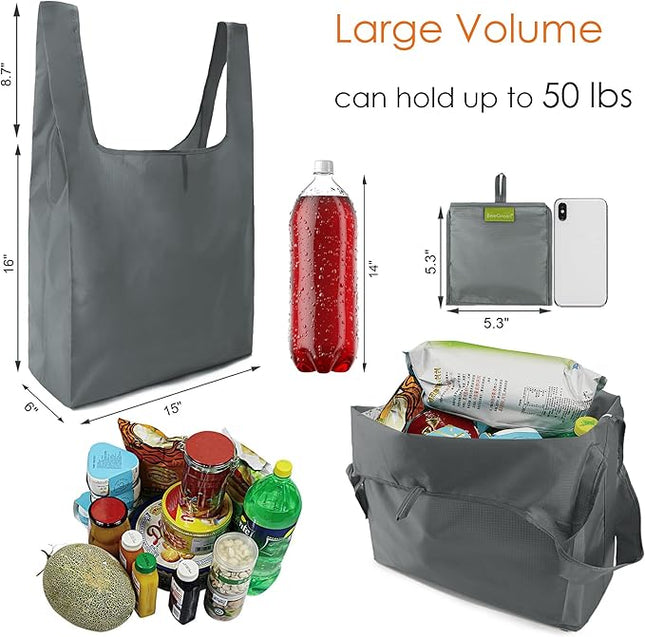 BeeGreen Grey Reusable Grocery Bags with Zipper Storage Pouch 10 Packs Gray Reusable Shopping Bags Bulk Foldable-Machine Washable