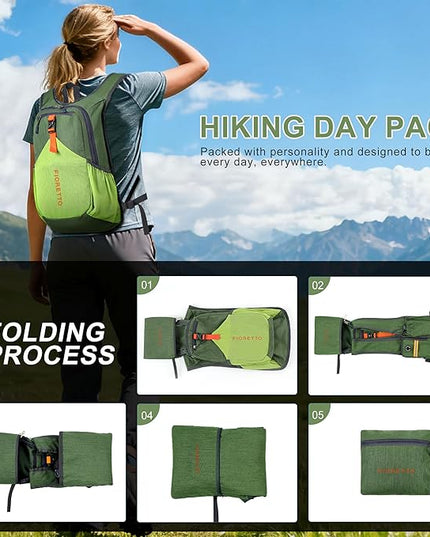 FIORETTO 20L Hiking Backpack for Women Men Mini Packable Backpack Lightweight Small Daypack for Camping Travel Outdoor, Green