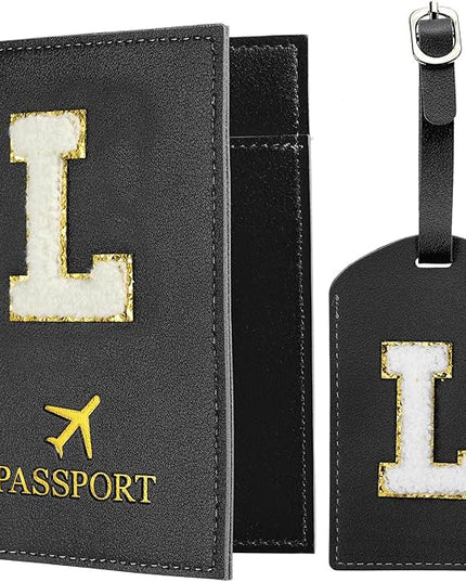 PATIKIL Passport Holder for Travel, Initial Passport Cover and Luggage Tag Set with Alphabet Chenille Letter Patch Travel Wallet Bag Suitcase Identifier for Women Family Travel Black L