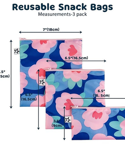 Tiny Twinkle Reusable Snack Bags for Kids – 3 Pack Snack Pouches & Sandwich Bag for Toddlers – Machine Washable, Mess-Proof for Lunch & Travel (Blue Floral)