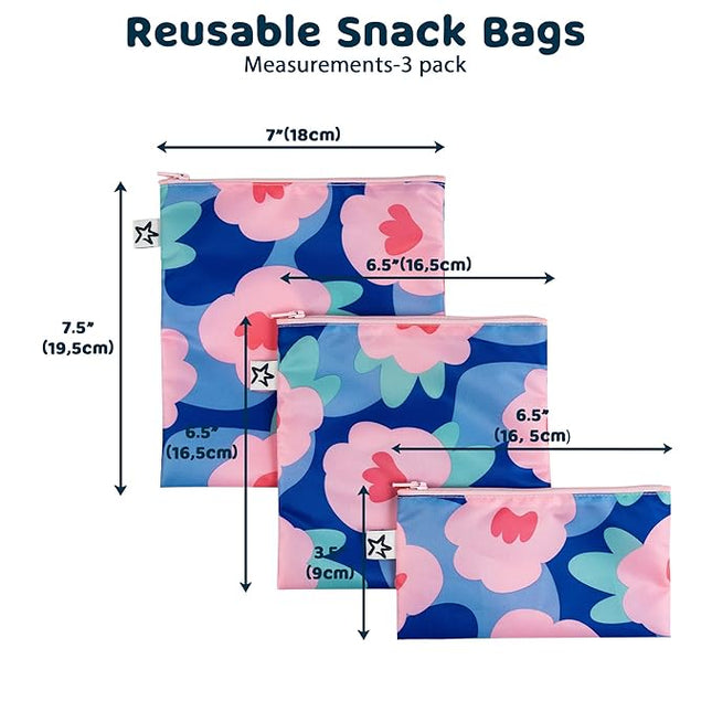 Tiny Twinkle Reusable Snack Bags for Kids – 3 Pack Snack Pouches & Sandwich Bag for Toddlers – Machine Washable, Mess-Proof for Lunch & Travel (Blue Floral)
