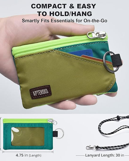 RFID Travel Wallet with Adjustable Lanyard-Zipper Small Wallet with ID Card Holder, Keychain for women&men-Minimalist Slim Waterproof Nylon case for ID, Cash, Key (OliveGreen+Turquoise)